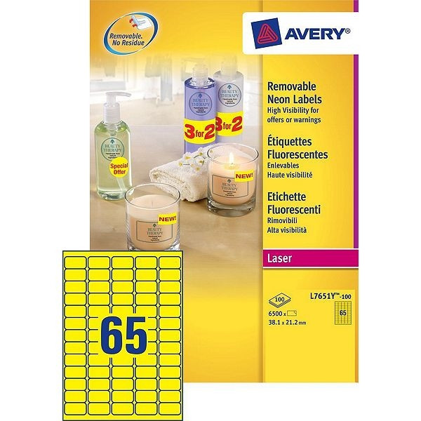 Avery Zweckform L7651Y-100 NEON etiketten 38,1 x 21,2 mm geel (6500 etiketten) L7651Y-100 212649 - 1