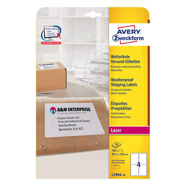 Avery Zweckform L7994-25 weerbestendige verzendetiketten A4 99,1 x 139 mm wit (100 etiketten) AV-L7994-25 212806 - 1