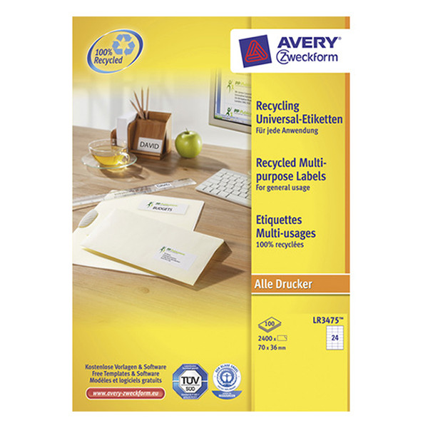 Avery Zweckform LR3475 gerecycleerde universele etiketten A4 70 x 36 mm wit (2400 etiketten) LR3475 212056 - 1