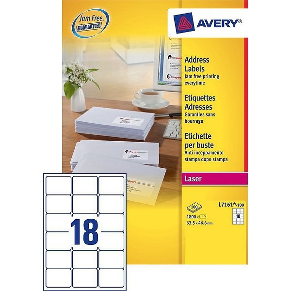 Avery adresetiketten L7161-100 | 1800 stuks | 63,5 x 46,6 mm | Quickpeel technologie L7161-100 212106 - 1