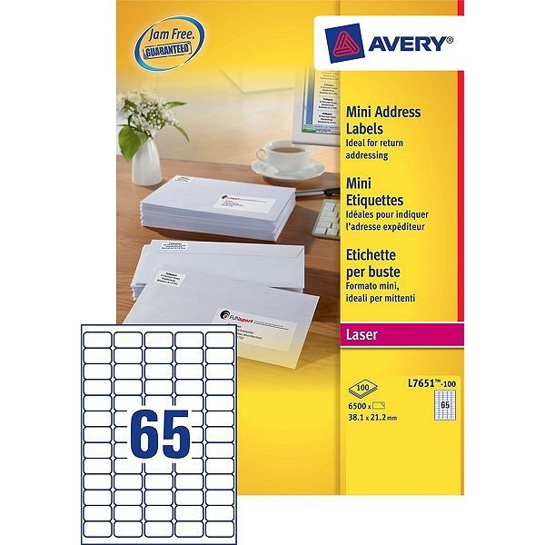 Avery adresetiketten L7651-100 | 6500 stuks | 38,1 x 21,2 mm | Quickpeel technologie L7651-100 212100 - 1