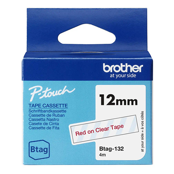 Brother Btag-132 niet-gelamineerde tape rood op transparant 12 mm (origineel) BTAG132 080344 - 1