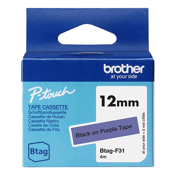 Brother Btag-F31 niet-gelamineerde tape zwart op paars 12 mm (origineel) BTAGF31 080360 - 1