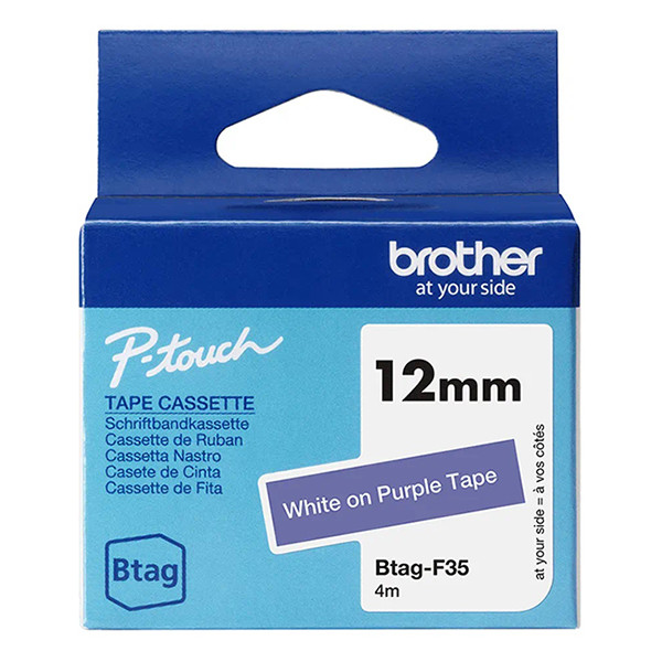 Brother Btag-F35 niet-gelamineerde tape wit op paars 12 mm (origineel) BTAGF35 080362 - 1