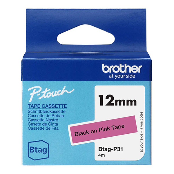 Brother Btag-P31 niet-gelamineerde tape zwart op roze 12 mm (origineel) BTAGP31 080370 - 1