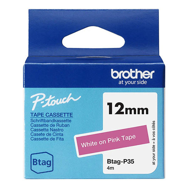 Brother Btag-P35 niet-gelamineerde tape wit op roze 12 mm (origineel) BTAGP35 080372 - 1