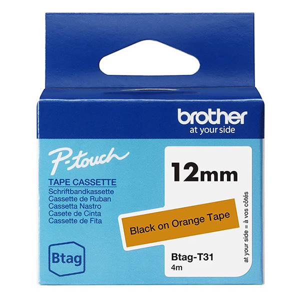 Brother Btag-T31 niet-gelamineerde tape zwart op oranje 12 mm (origineel) BTAGT31 080374 - 1
