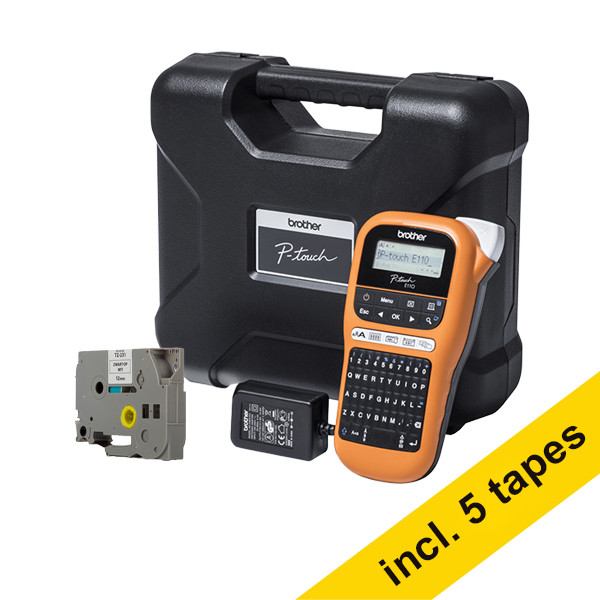 Brother PT-E110VP industrieel beletteringsysteem met draagkoffer (QWERTY) + 5 zwart op wit tapes 833463 - 1