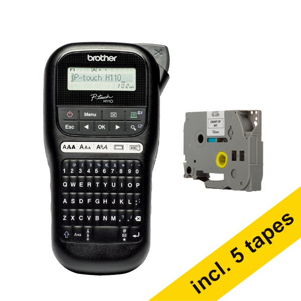 Brother PT-H110 beletteringsysteem (QWERTY) + 5 zwart op wit tapes 833462 - 1