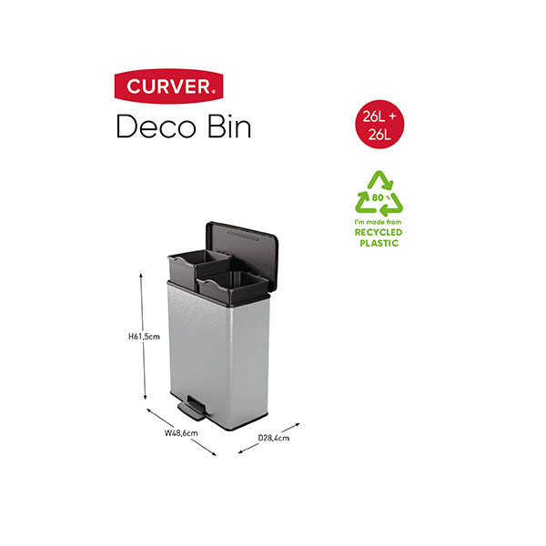 Curver Decobin duo vuilnisbak rechthoekig (26+26 liter, zilver metallic) 243887 - 2