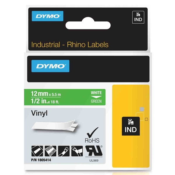 Dymo 1805414 IND Rhino tape vinyl wit op groen 12 mm (origineel) 1805414 088640 - 1