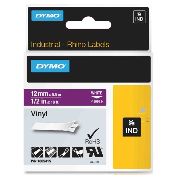 Dymo 1805415 IND Rhino tape vinyl wit op paars 12 mm (origineel) 1805415 088652 - 1