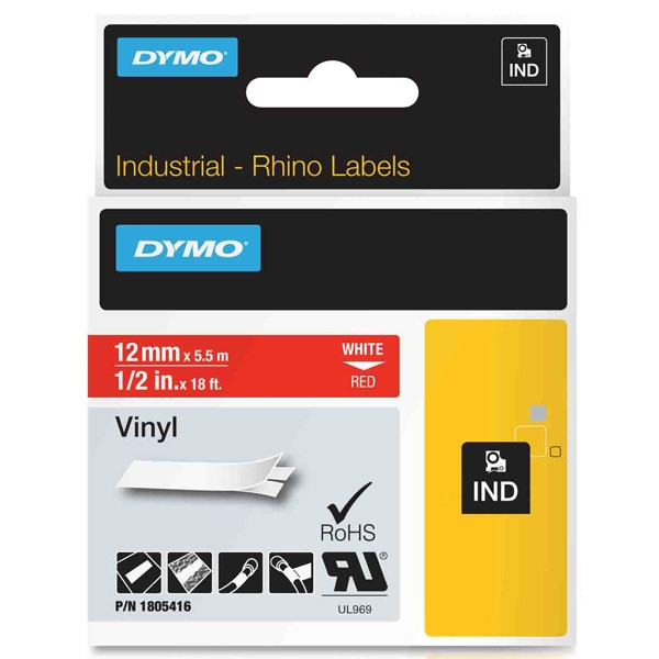 Dymo 1805416 IND Rhino tape vinyl wit op rood 12 mm (origineel) 1805416 088626 - 1