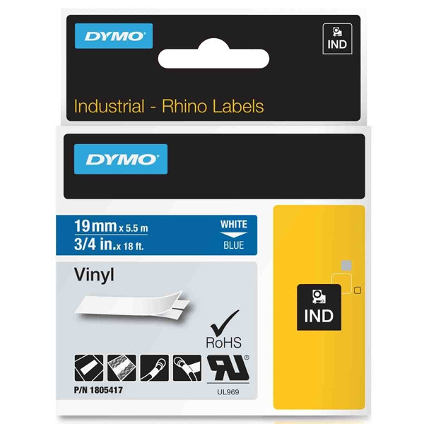Dymo 1805417 IND Rhino tape vinyl wit op blauw 19 mm (origineel) 1805417 088648 - 1