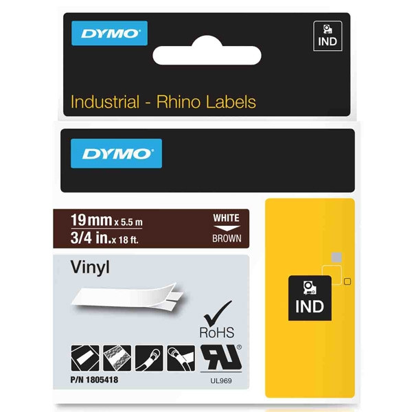 Dymo 1805418 IND Rhino tape vinyl wit op bruin 19 mm (origineel) 1805418 088660 - 1