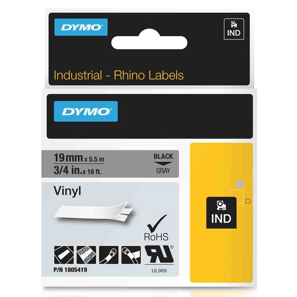 Dymo 1805419 IND Rhino tape vinyl zwart op grijs 19 mm (origineel) 1805419 088622 - 1