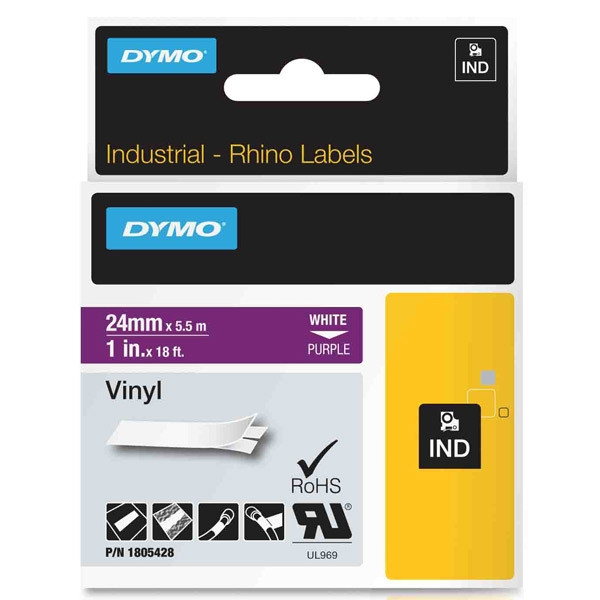 Dymo 1805428 IND Rhino tape vinyl wit op paars 24 mm (origineel) 1805428 088656 - 1