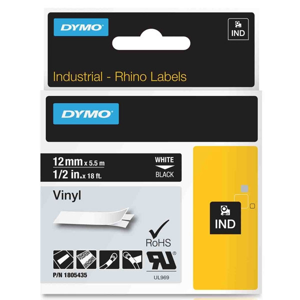 Dymo 1805435 IND Rhino tape vinyl wit op zwart 12 mm (origineel) 1805435 088634 - 1
