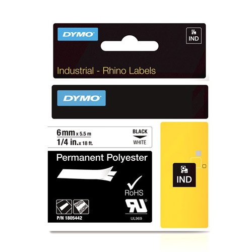 Dymo 1805442 IND Rhino tape permanent polyester zwart op wit 6 mm (origineel) 1805442 088664 - 1