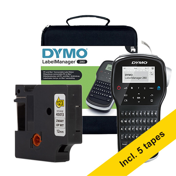 Dymo LabelManager 280 beletteringsysteem met draagkoffer (QWERTY) + 5 zwart op wit tapes 833464 - 1