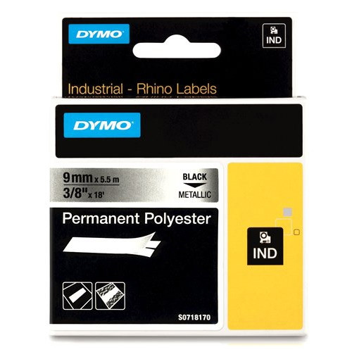 Dymo S0718170 / 18485 IND Rhino tape permanent polyester zwart op metallic 9 mm (origineel) 18485 SS071817 088686 - 1