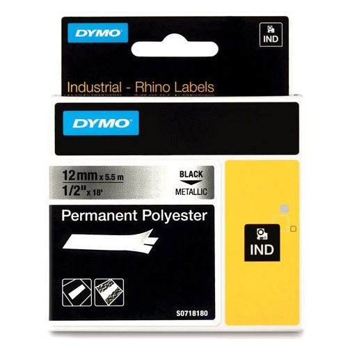 Dymo S0718180 / 18486 IND Rhino tape permanent polyester zwart op metallic 12 mm (origineel) 18486 088688 - 1