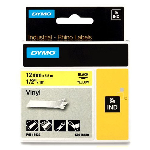 Dymo S0718450 / 18432 IND Rhino tape vinyl zwart op geel 12 mm (origineel) 18432 S0718450 088608 - 1