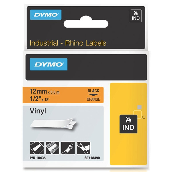 Dymo S0718490 / 18435 IND Rhino tape vinyl zwart op oranje 12 mm (origineel) 18435 S0718490 088614 - 1