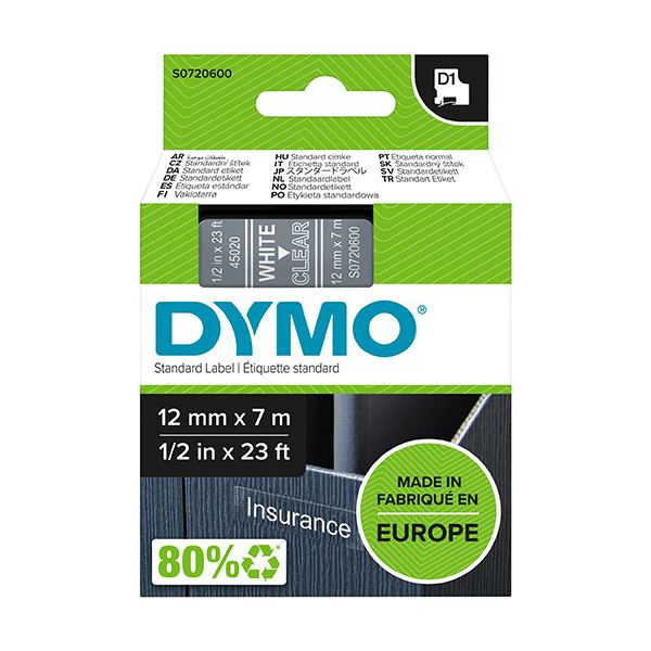 Dymo S0720600 / 45020 tape wit op transparant 12 mm (origineel) S0720600 088220 - 1