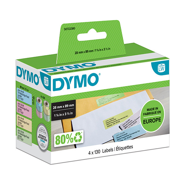 Dymo S0722380 / 99011 adresetiketten pak van 4 rollen: geel, roze, blauw en groen (origineel) S0722380 088502 - 1