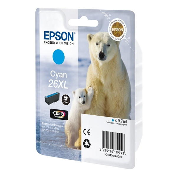 Epson 26XL (T2632) inktcartridge cyaan hoge capaciteit (origineel) C13T26324010 C13T26324012 902478 - 1