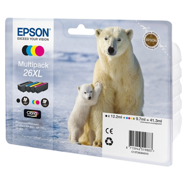 Epson 26XL (T2636)  multipack zwart + 3 kleuren hoge capaciteit (origineel) C13T26364010 C13T26364012 C13T26364020 026518 - 1