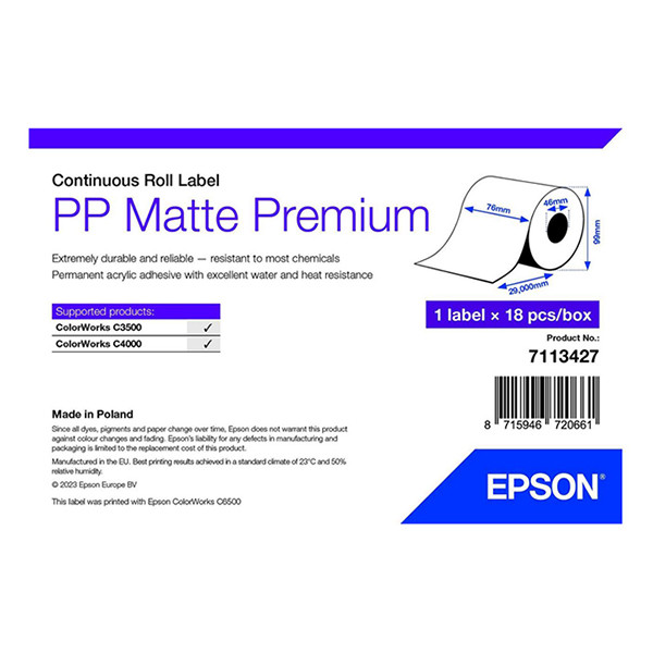 Epson 7113427 PP matte premium doorlopende labelrol 76 mm x 29 m (origineel) 7113427 083692 - 1