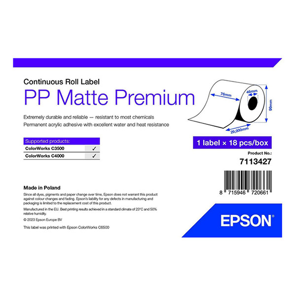 Epson 7113427 PP matte premium linerless label 76 mm x 29 m (origineel) 083692 - 1