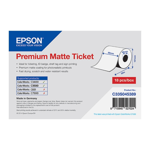 Epson C33S045389 premium matte linerless label ticket-rol 80 mm x 50 m (origineel) 083368 - 1