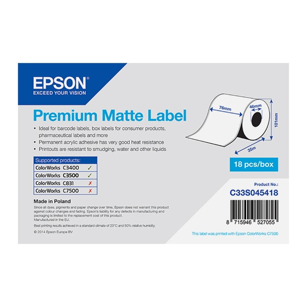 Epson C33S045418 premium matte doorlopende labelrol 76 mm x 35 m (origineel) C33S045418 083384 - 1