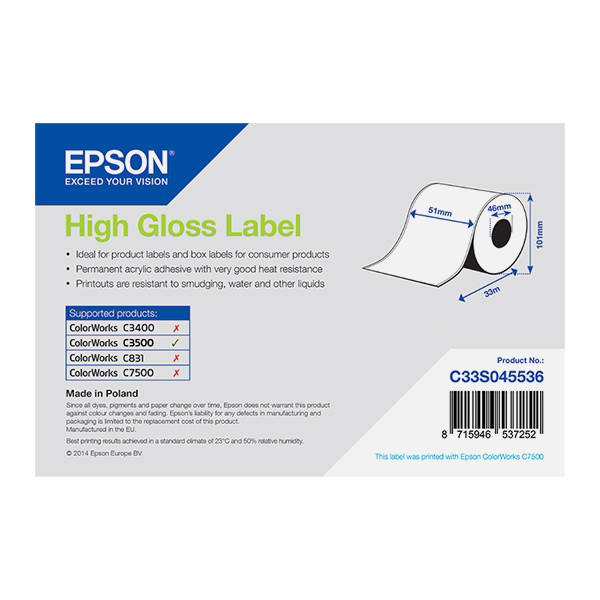 Epson C33S045536 high gloss doorlopende labelrol 51 mm x 33 m (origineel) C33S045536 083362 - 1