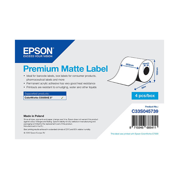 Epson C33S045739 premium matte doorlopende labelrol 203 mm x 60 m (origineel) C33S045739 083640 - 1