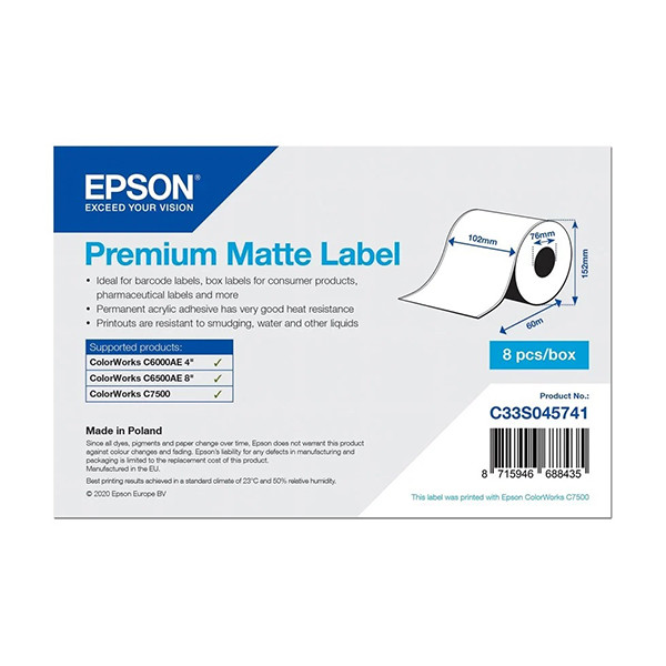 Epson C33S045741 premium matte doorlopende labelrol 102 mm x 60 m (origineel) C33S045741 083644 - 1