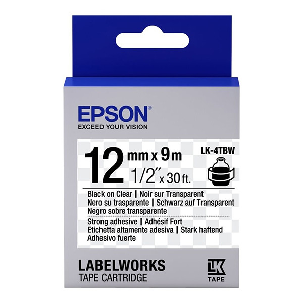 Epson LK-4TBW extra klevende tape zwart op transparant 12 mm (origineel) C53S654015 083194 - 1