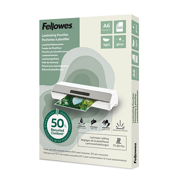 Fellowes gerecycleerde lamineerhoes A6 glanzend 2x80 micron (100 stuks) 207207 - 1