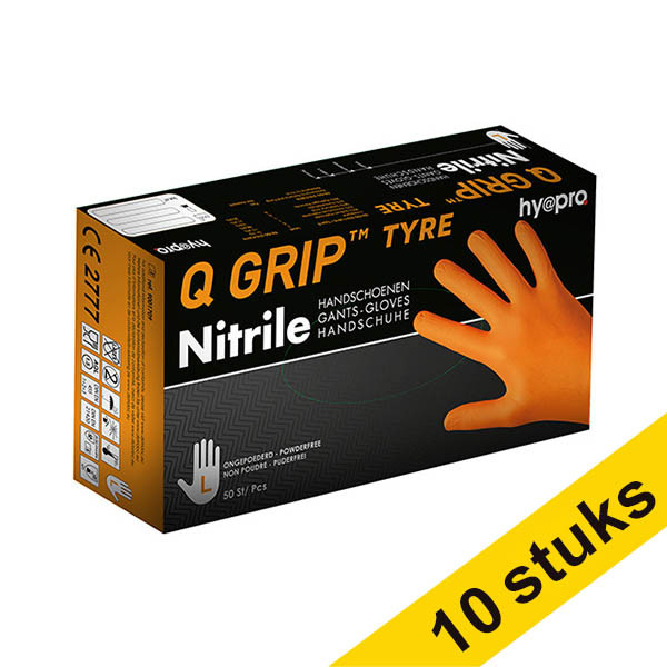 Aanbieding: 10x HY@PRO Q Grip Tyre Nitril handschoenen L poedervrij oranje (24 cm, 50 stuks) SHY00149 - 1