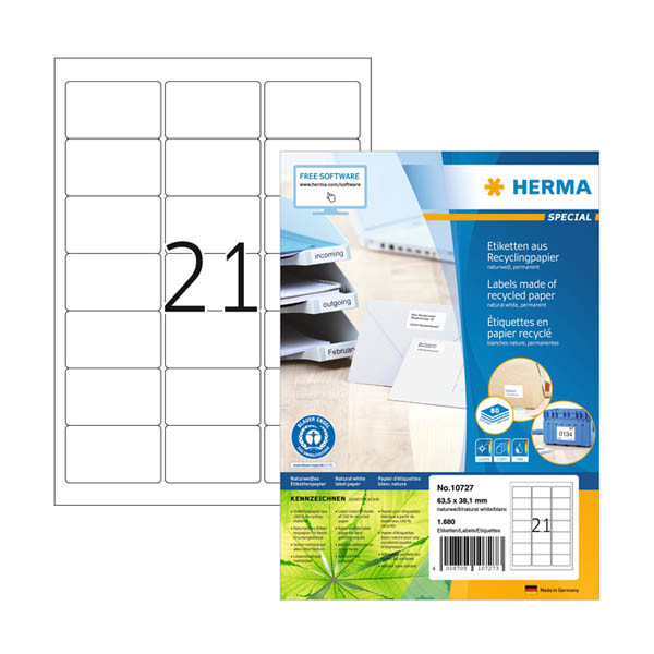 Herma 10727 gerecycleerde universele etiketten A4 63,5 x 38,1 mm wit (1680 etiketten) 230836 - 1