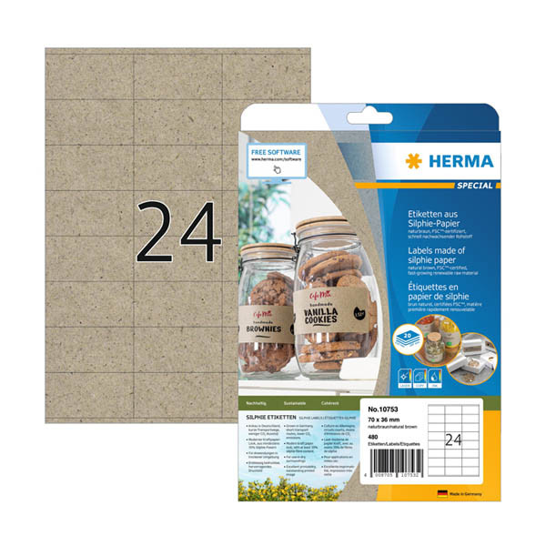 Herma 10753 gerecyclede universele etiketten A4 70 x 36 mm natuurlijk bruin (480 etiketten) 10753 230848 - 1