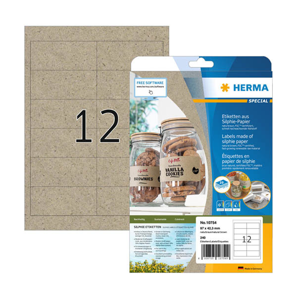 Herma 10754 gerecyclede universele etiketten A4 97 x 42,3 mm natuurlijk bruin (240 etiketten) 10754 230849 - 1