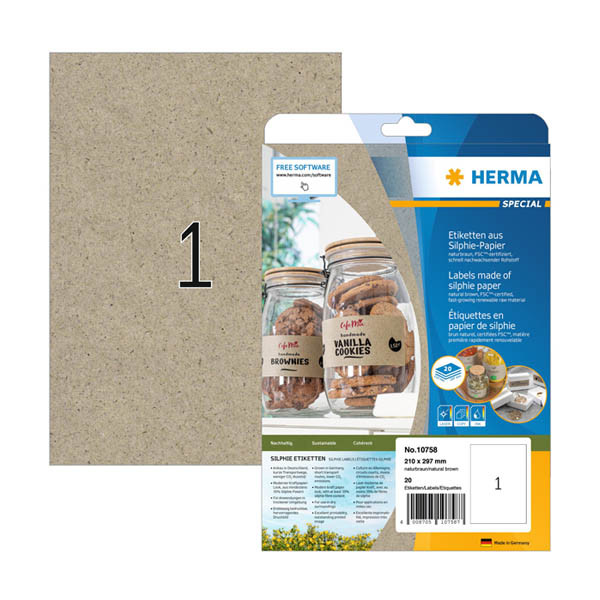 Herma 10758 gerecycleerde universele etiketten A4 210 x 297 mm natuurlijk bruin (20 etiketten) 230844 - 1