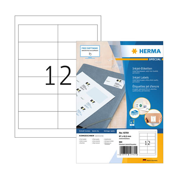 Herma 10781 inkjet-etiketten A4 97 x 42,3 mm wit (960 etiketten) 230826 - 1