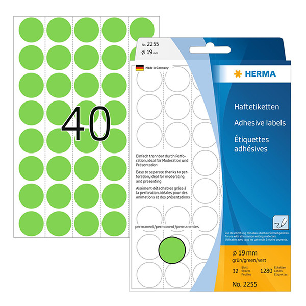 Herma 2255 multifunctionele etiketten Ø 19 mm rond groen (1.280 etiketten) 2255 230708 - 1