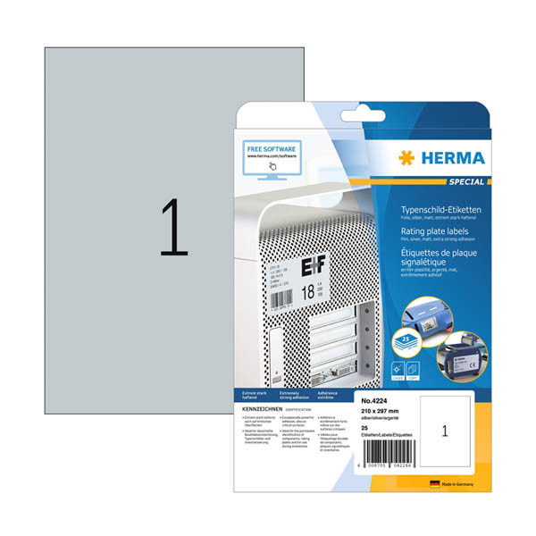 Herma 4224 typeplaatje etiketten A4 210 x 297 mm zilver (25 etiketten) 4224 230917 - 1