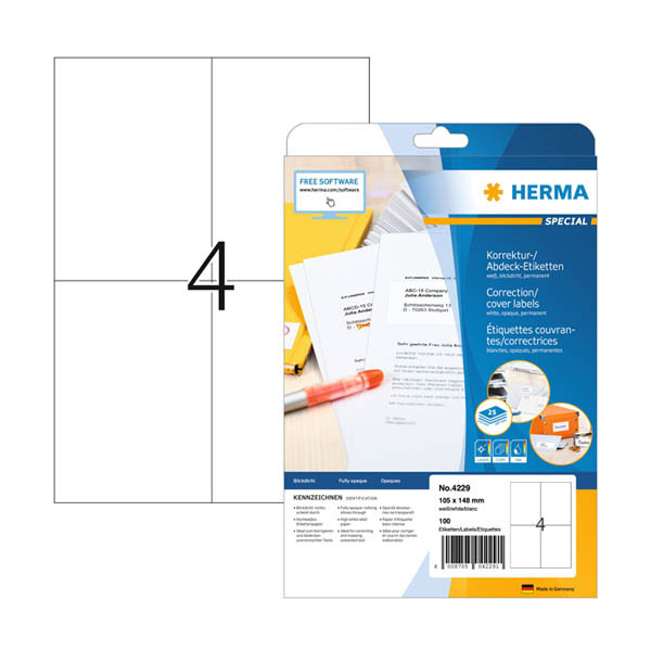 Herma 4229 correctie- / afdeketiketten A4 105 x 148 wit (100 etiketten) 4229 230814 - 1